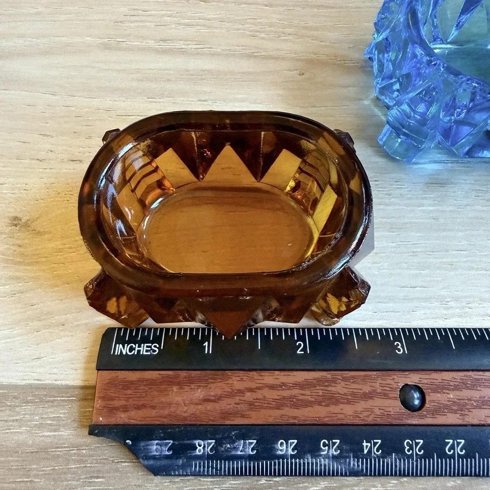 Blue and Amber Pressed Glass Open Salt Cellar Trinket Dish Set of 2